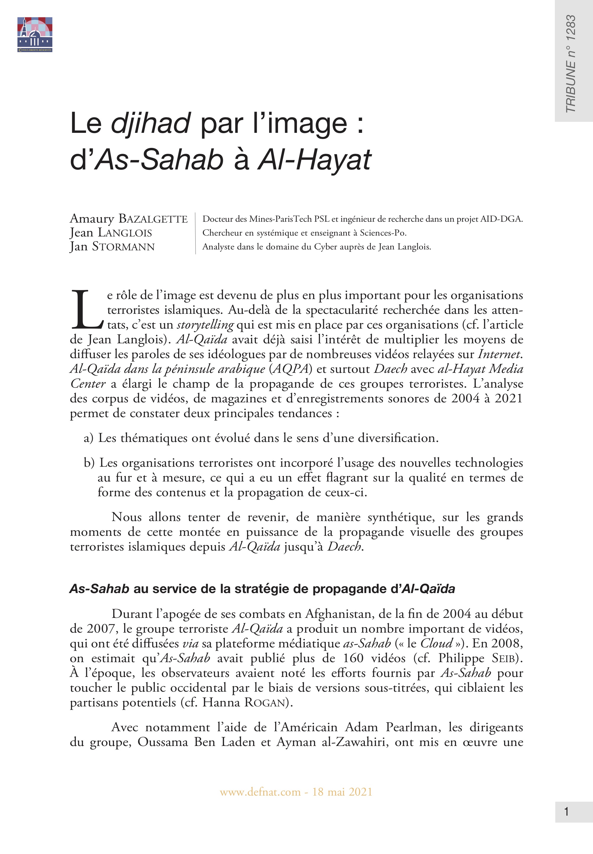 Le djihad par l’image : d’As-Sahab à Al-Hayat (T 1283)
